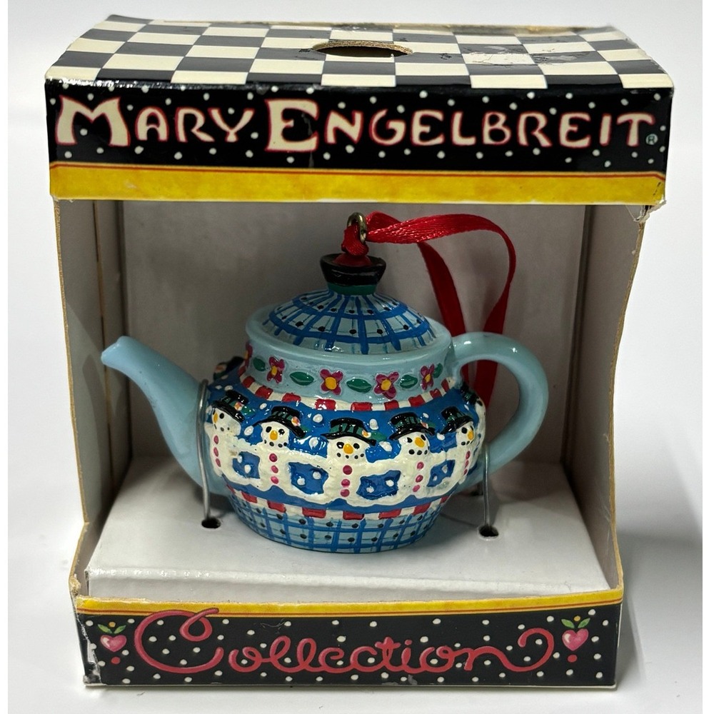 Mary Engelbreit Blue Checks Teapot Ornament Snowman Miniature Collection Boxed